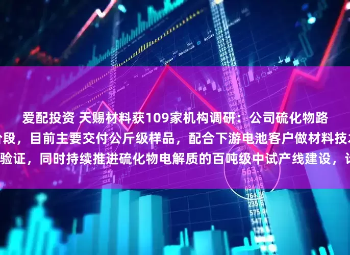爱配投资 天赐材料获109家机构调研：公司硫化物路线的固态电解质处于中试阶段，目前主要交付公斤级样品，配合下游电池客户做材料技术验证，同时持续推进硫化物电解质的百吨级中试产线建设，计划在明年中建成（附调研问答）